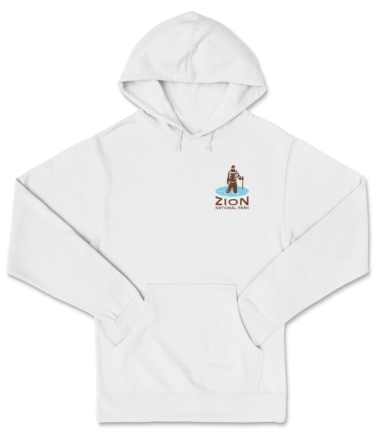 A white hoodie with a logo on the front.