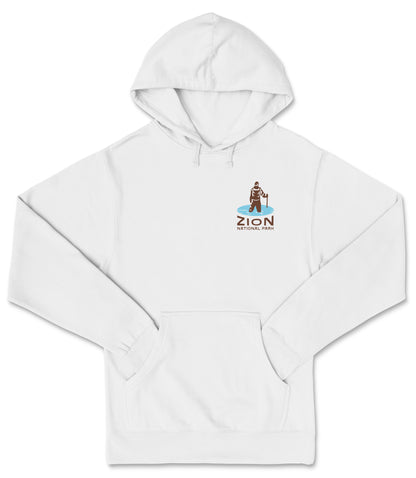 A white hoodie with a logo on the front.