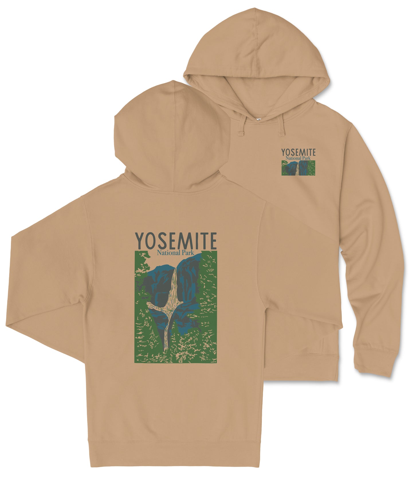 A beige hooded sweatshirt with a graphic design depicting a mountain range and the text "YOSEMITE National Park" printed on it.
