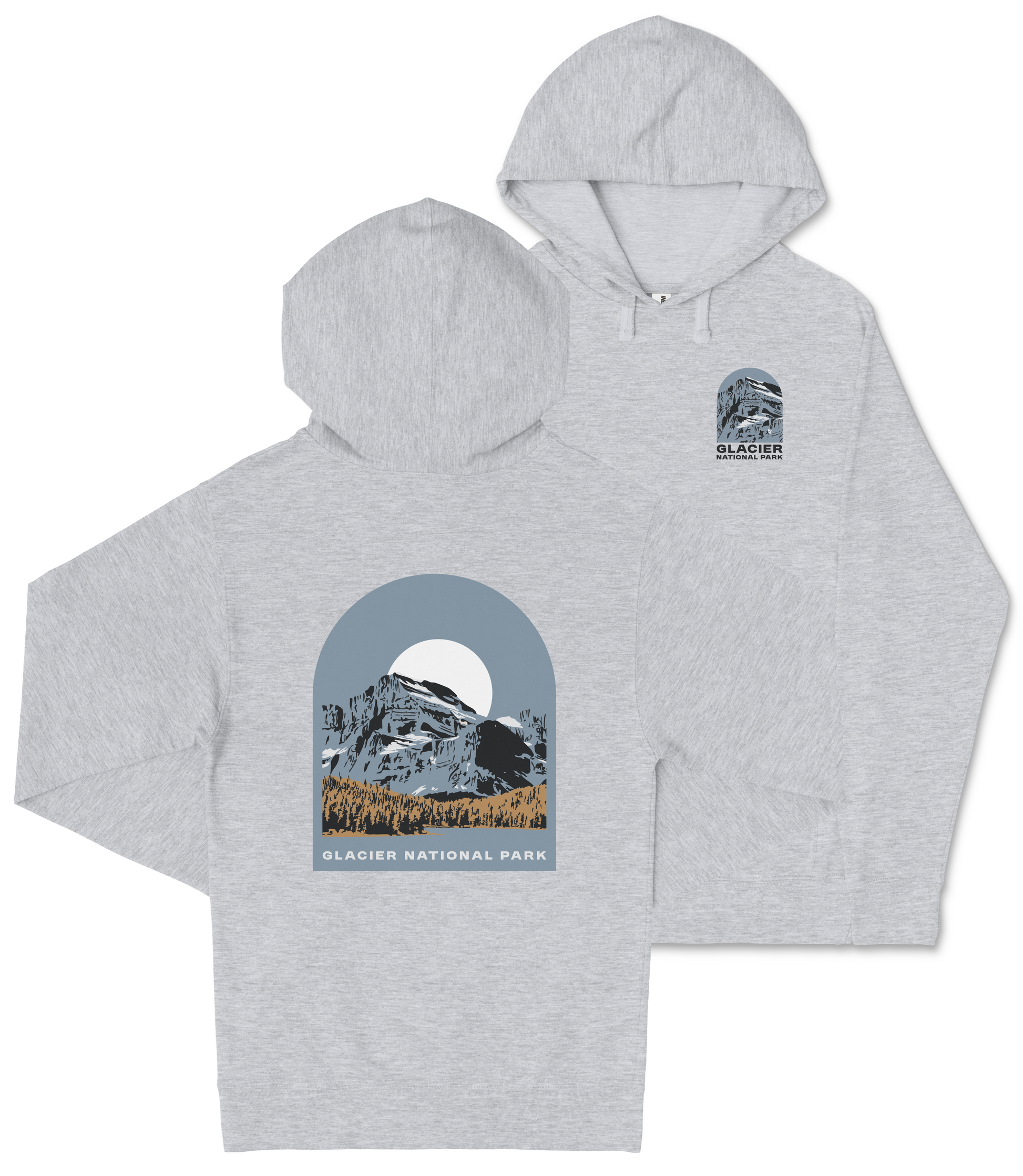 A gray hooded sweatshirt with a graphic design depicting a mountain landscape and a full moon.