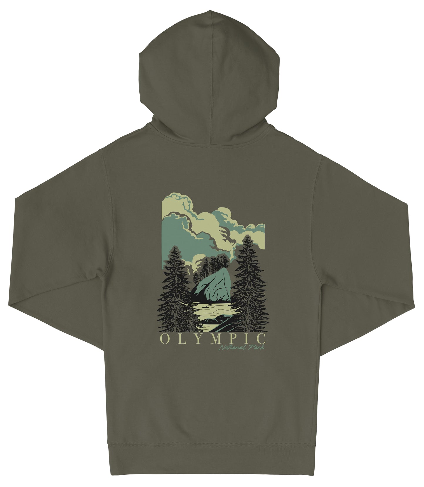 A hooded sweatshirt with a graphic design on the back depicting a scenic landscape with pine trees, mountains, and a body of water.