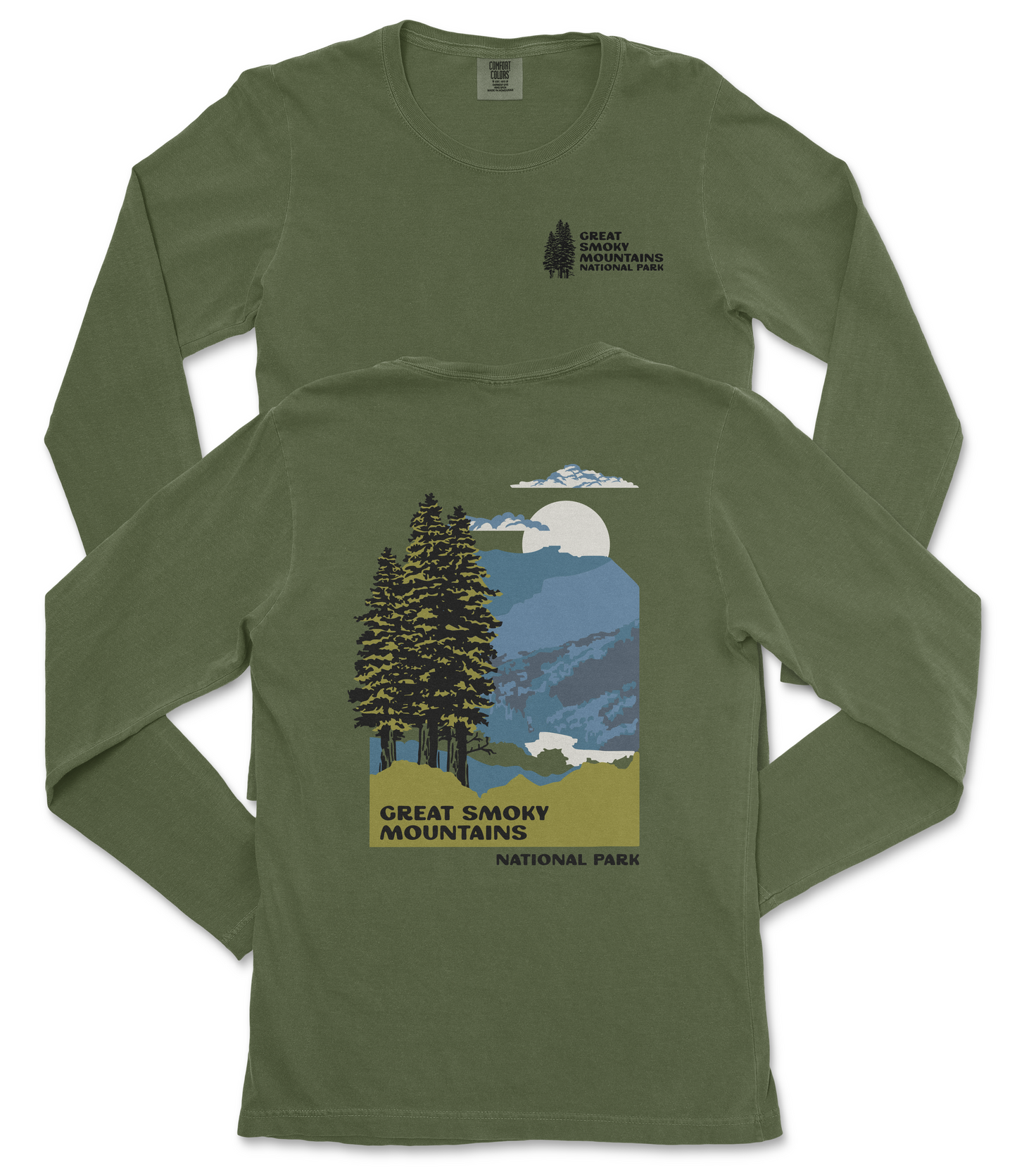 A green long-sleeved t-shirt with a graphic design depicting a mountain landscape with pine trees, a full moon, and clouds. The text on the t-shirt reads "Great Smoky Mountains National Park".