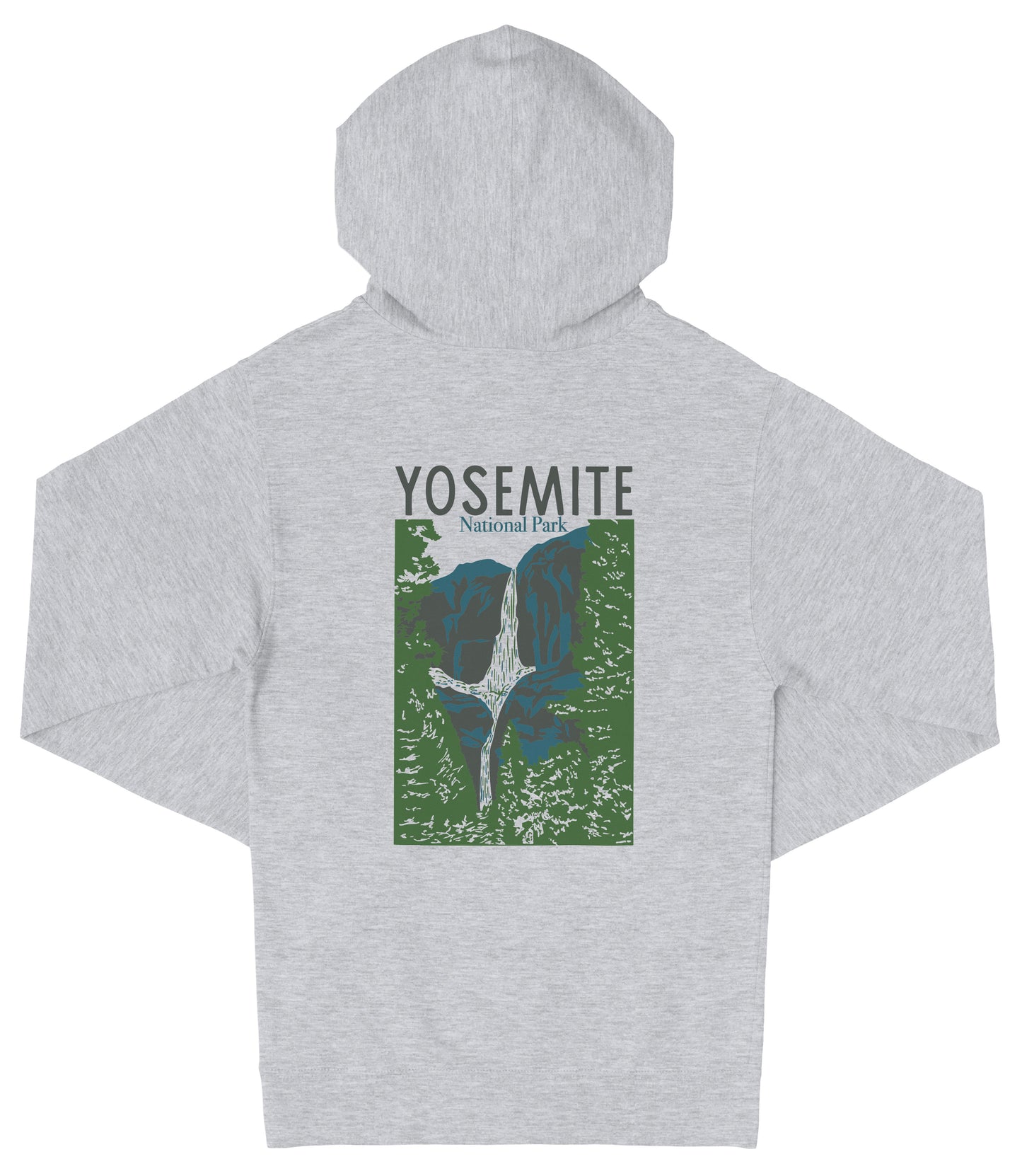 A gray hooded sweatshirt with a graphic design depicting a waterfall and the text "YOSEMITE National Park" printed on it.
