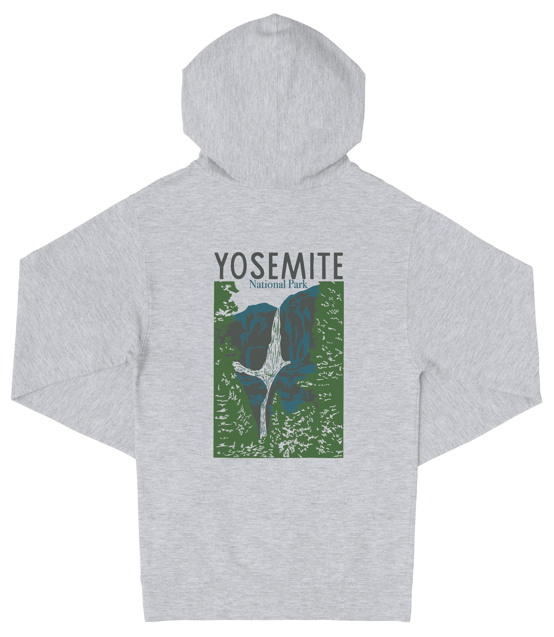 A gray hooded sweatshirt with a graphic design depicting a waterfall and the text "YOSEMITE National Park" printed on it.