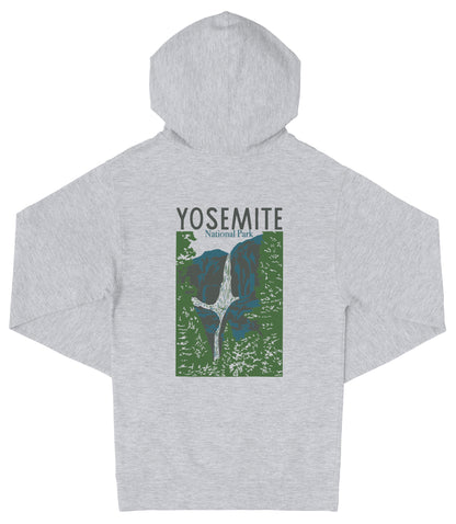 A gray hooded sweatshirt with a graphic design depicting a waterfall and the text "YOSEMITE National Park" printed on it.