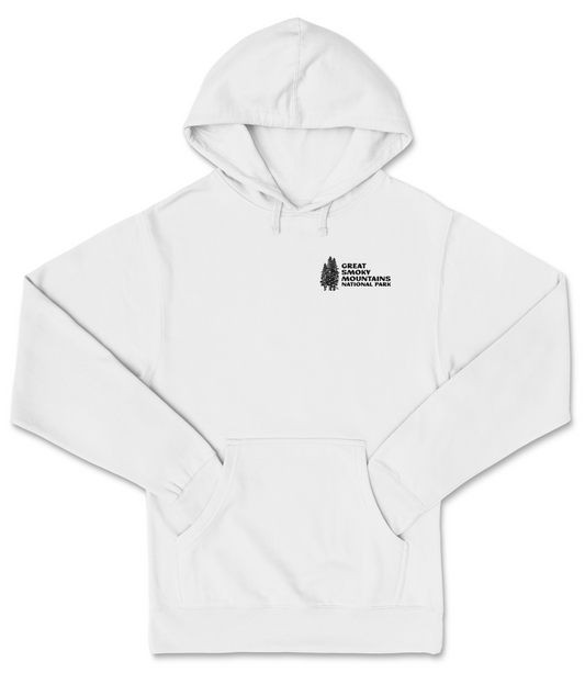 A white hoodie with a logo on the left side.