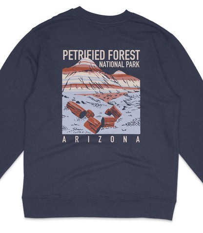 The image is a graphic design of a sweater featuring a mountain landscape with a text overlay that reads "PETRIFIED FOREST NATIONAL PARK ARIZONA".