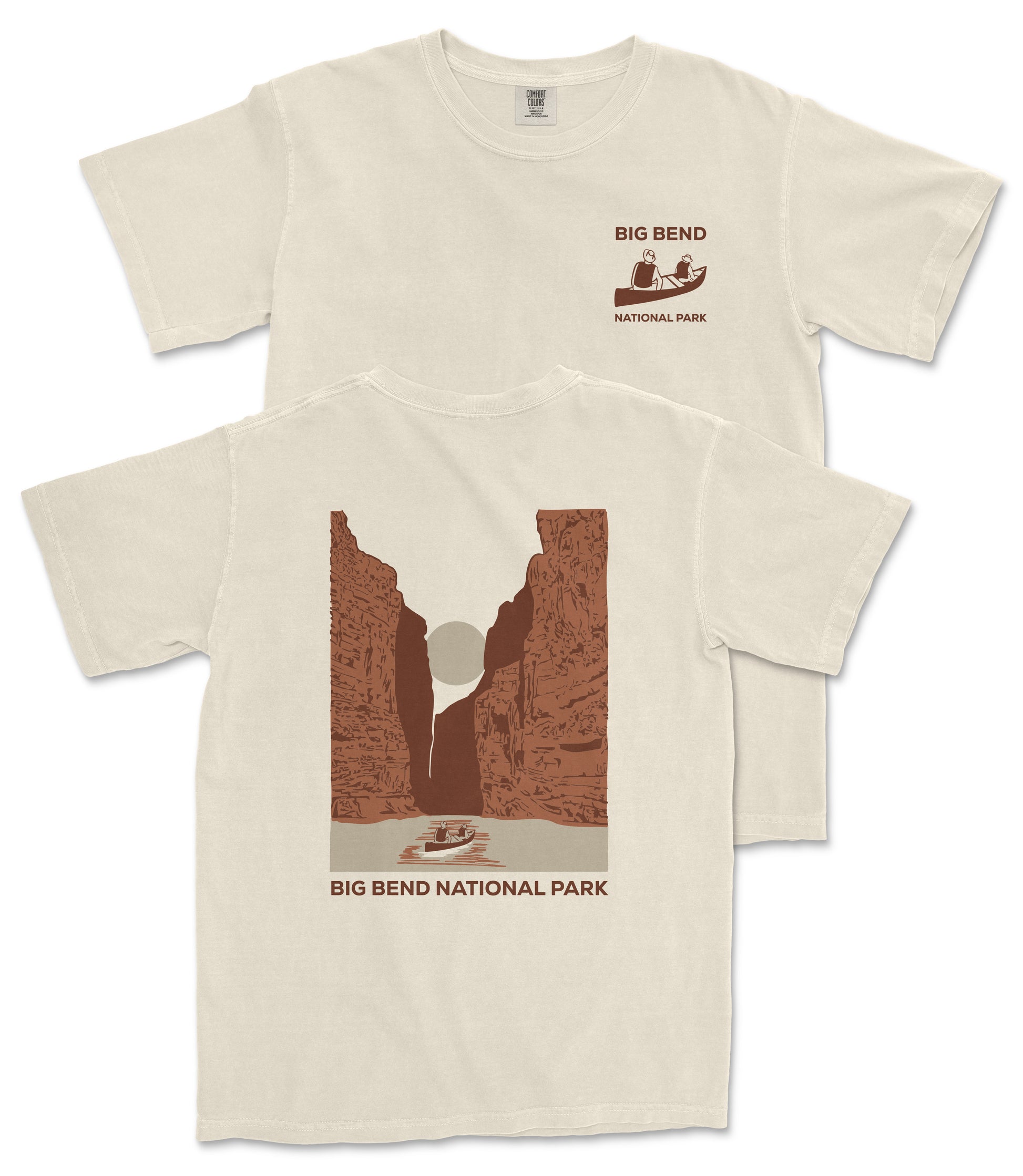 a white t-shirt with a graphic design depicting a canyon landscape with a boat on the water.