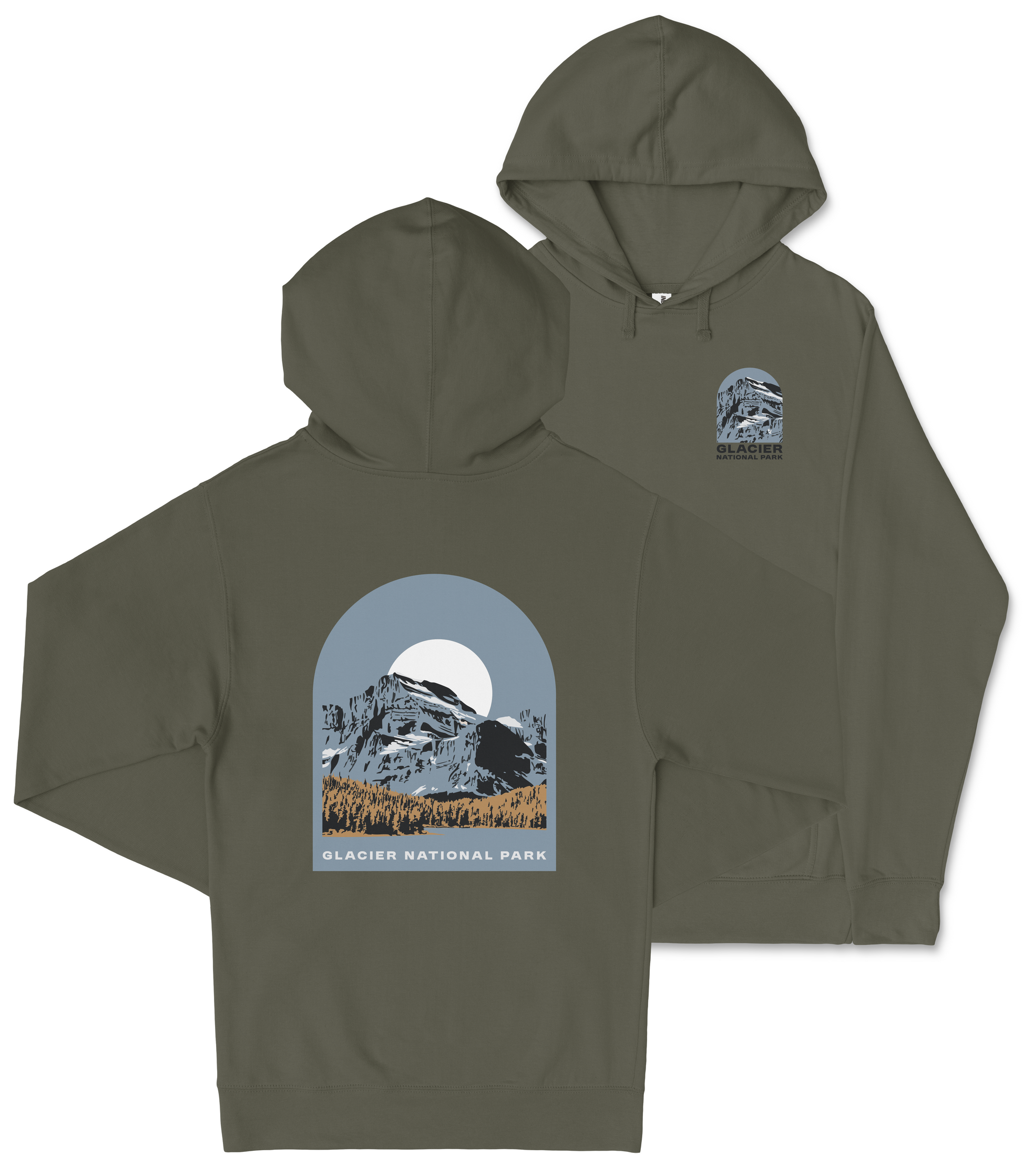 A grey hooded sweatshirt with a graphic design depicting a mountain landscape and a full moon.